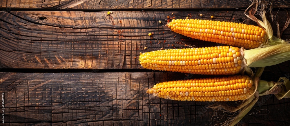 Poster Sweet corn on the cob displayed on a wooden surface with copy space image