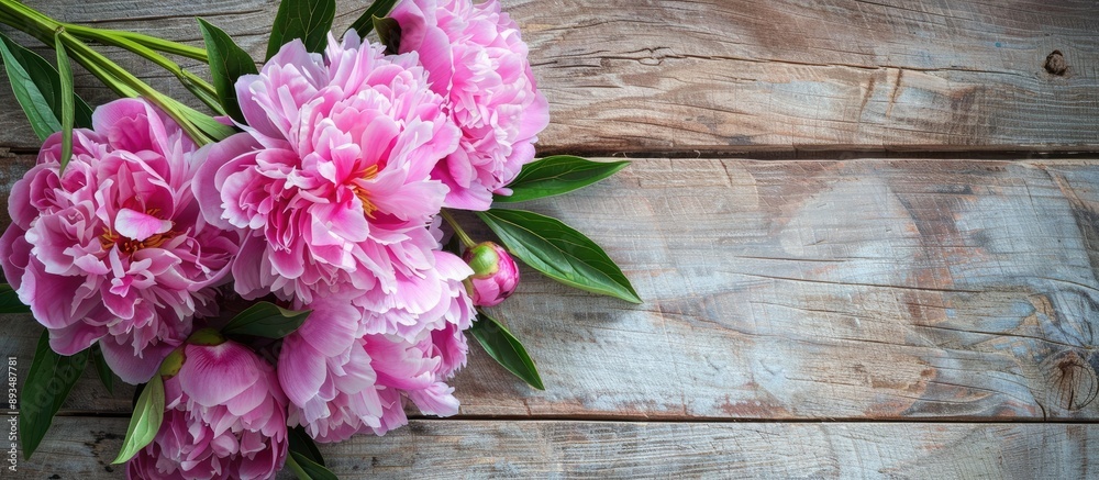 Poster pink peonies with plenty of copy space on a rustic wooden backdrop
