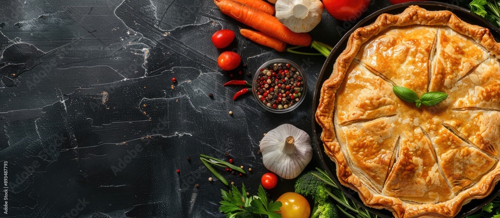 Poster delicious vegetable pot pie surrounded by its ingredients on a black backdrop with a copy space imag