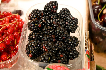 Blackberries for sale on market. Fresh Blackberries. 