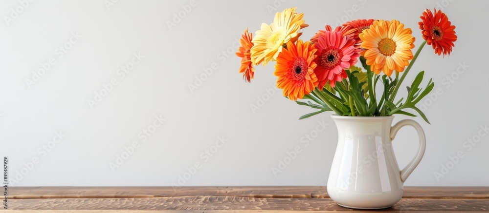 Aufkleber Gerbera flowers in a pitcher on a wooden table with a white background creating a striking copy space image