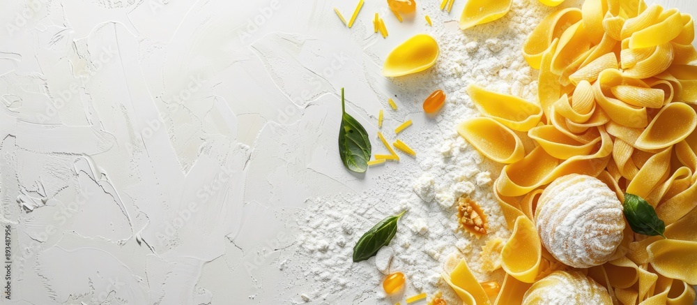 Poster a flat lay food background on a white table showcasing traditional italian pasta ingredients from a 