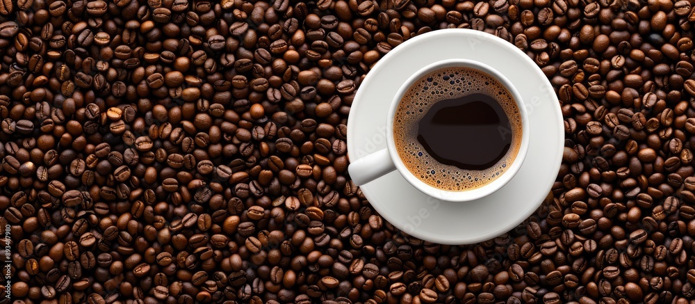 Poster Coffee cup on a saucer encircled by coffee beans creating a seamless texture for a copy space image