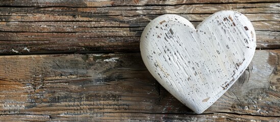 Valentine s Day background with a white wooden heart on an old wooden surface perfect for a copy space image