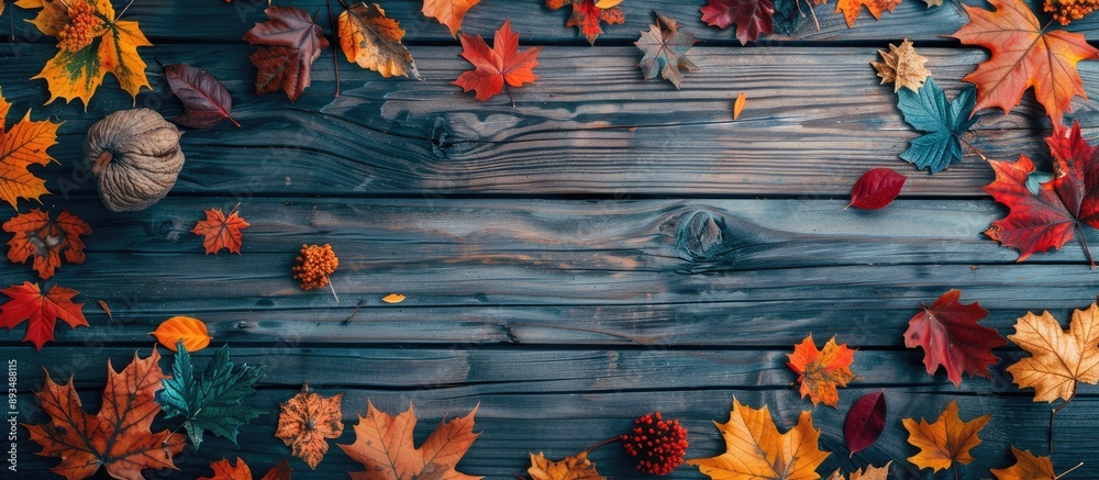 Poster Flat lay view of a fall themed backdrop with an assortment of vibrant autumn leaves on weathered wooden planks ideal for adding text in the copy space image