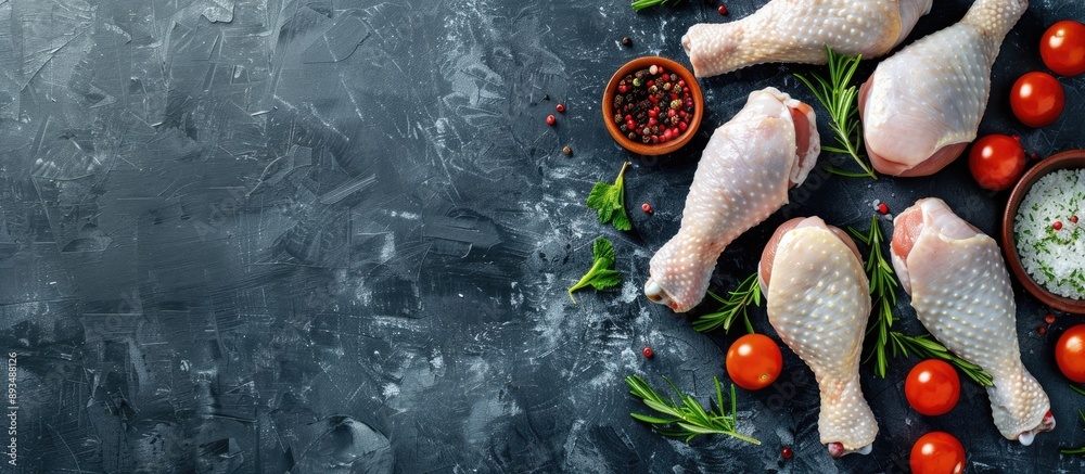 Aufkleber Top view of boiled chicken legs with a healthy food menu concept on a food background providing copy space for customization