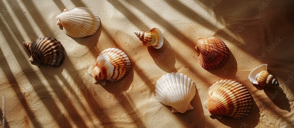 Poster Various seashells with a palm branch shadow on a brown backdrop depicting summer vacation and travel shot in close up with room for text or images. copy space available