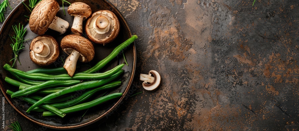 Aufkleber table set with delicious mushrooms and green beans on a plate with copy space image