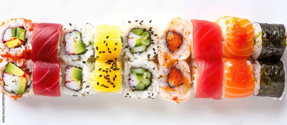 Poster Colorful sushi rolls with crab meat arranged in a flat lay style on a white background creating a visually appealing copy space image