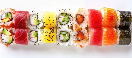 Colorful sushi rolls with crab meat arranged in a flat lay style on a white background creating a visually appealing copy space image