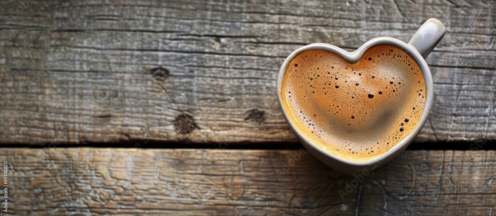 Poster top view of heart shaped hot coffee on a wooden background with copy space image