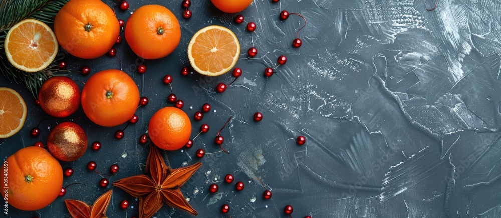 Poster Top down view of a New Year card featuring balls and oranges with copy space image