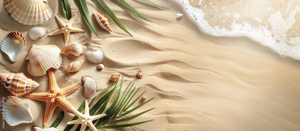Poster summer beach with sea shells starfish and palm creating a tranquil scene on a sand background to enh