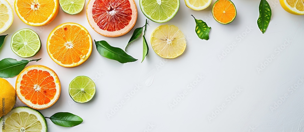 Poster Various sliced citrus fruits and leaves arranged on a white table in a flat lay style with room for text on the image. copy space available