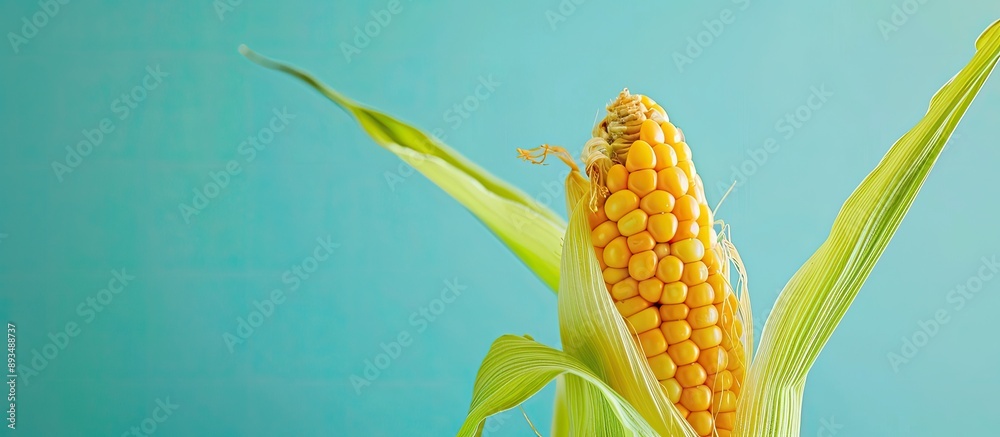 Poster A yellow corn cob with green husk on a bright surface providing copy space for text or images is shown in close up