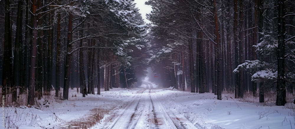 Poster Snowy winter road bordered by tall trees in a forest setting perfect for a copy space image