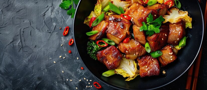 Stir fried belly pork and cabbage in Chinese cuisine with a copy space image