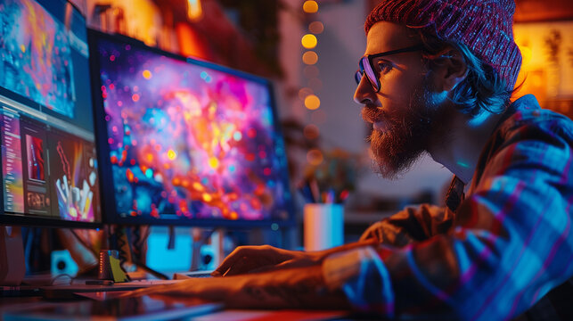 focused graphic designer working in a creative studio, digital drawing and illustration on multiple screens, vibrant and artistic workspace