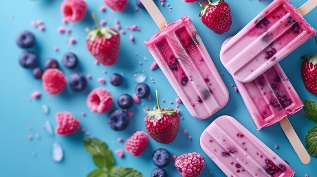 Colorful berry popsicles on blue background
