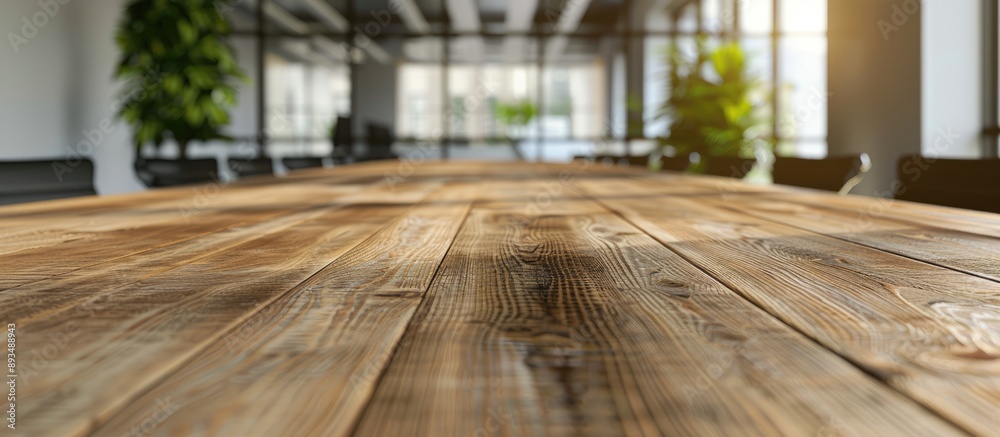Poster A wooden board was placed on the table in an empty office room with a blurred backdrop ideal for a copy space image