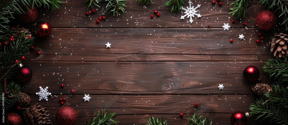 Poster top view of a wooden christmas background with ample copy space image