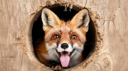 A red fox rests inside a hollow log during the day, with its eyes closed and its tongue sticking out