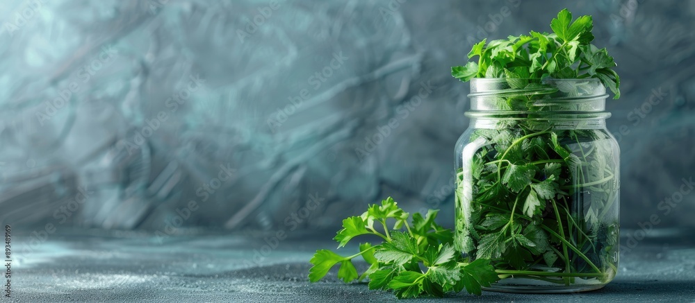 Poster jar with vibrant green parsley on a tabletop providing ample copy space for text