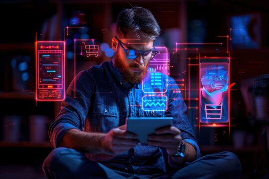 A person is using a tablet device while futuristic holographic interfaces display various applications and data in a modern, high-tech environment.