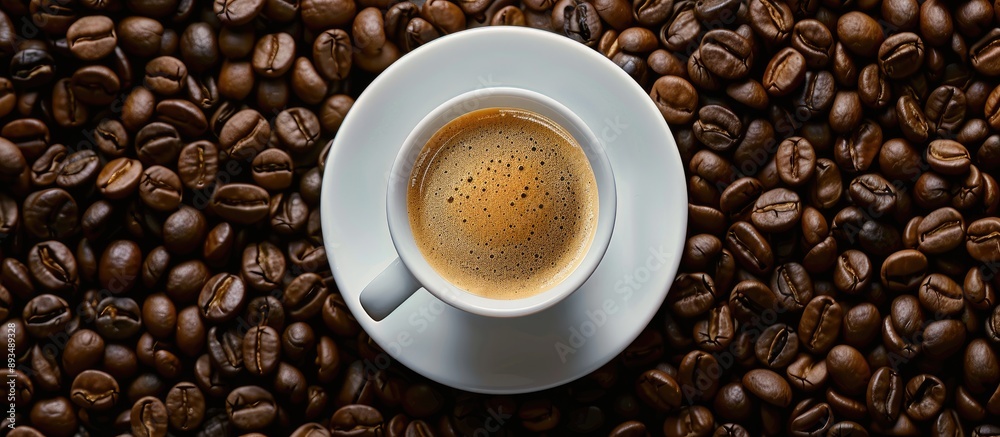 Poster Coffee cup on a saucer encircled by coffee beans creating a seamless texture for a copy space image
