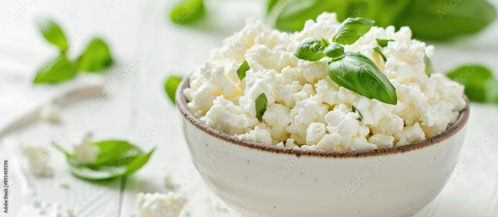 Poster Fresh cottage cheese with fragrant basil in a bowl on a white table with room for a caption in the image. copy space available