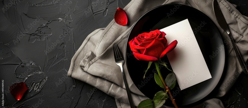 Aufkleber Top view of an elegant black and white table setting with plates on linen featuring a blank label red rose and silverware creating a visually appealing copy space image