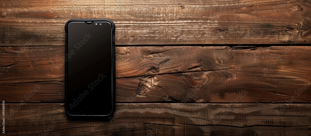 Aufkleber Top view of a smartphone resting on a wooden surface with ample copy space image