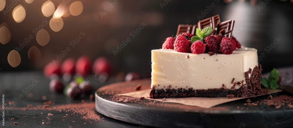 Poster A decadent cheesecake on a backdrop with space for adding text or graphics ideal for showcasing desserts in a visually appealing way. copy space available