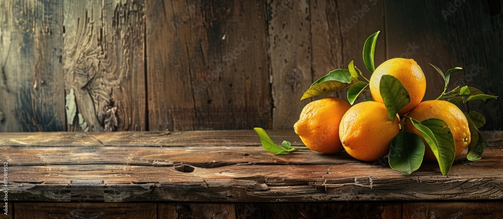Poster wooden table with a copy space image of lemons