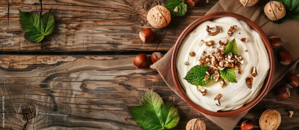 Poster top view of hazelnut cream with nuts and green leaves on a wooden backdrop providing copy space in t