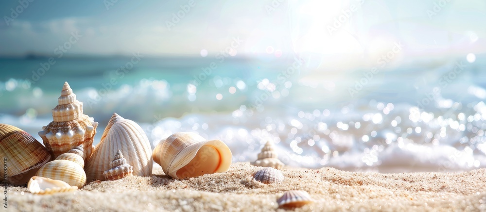 Poster sandy beach with seashells a summer background perfect for holidays with room for a copy space image