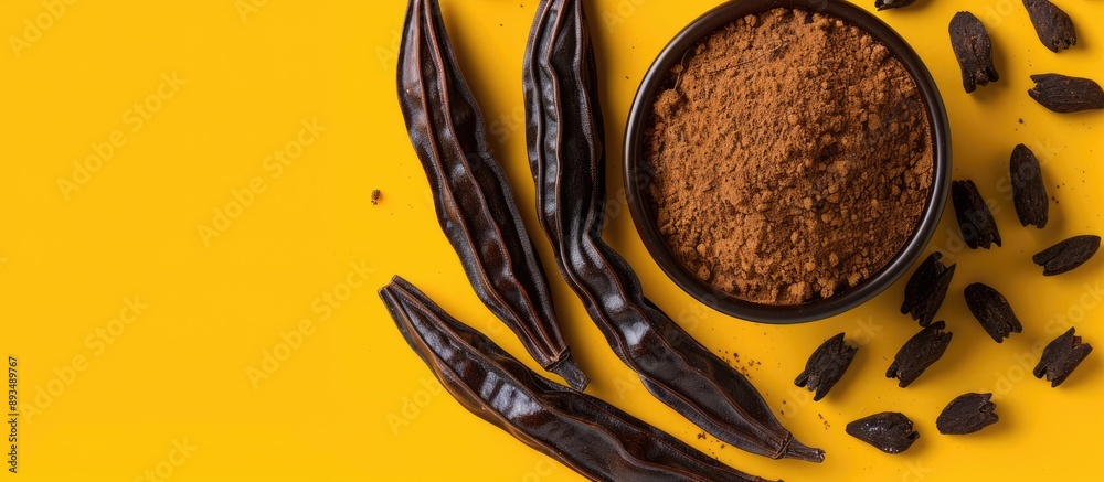 Poster Top view of carob bean and powder on a yellow or brown background with copy space image