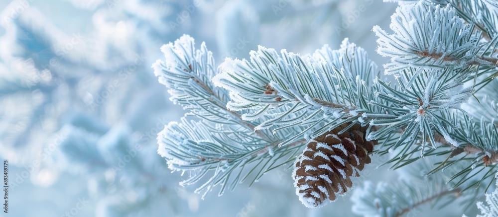 Aufkleber Frost covered pine branch featuring long needles and a cone set against a snowy backdrop creating a serene copy space image