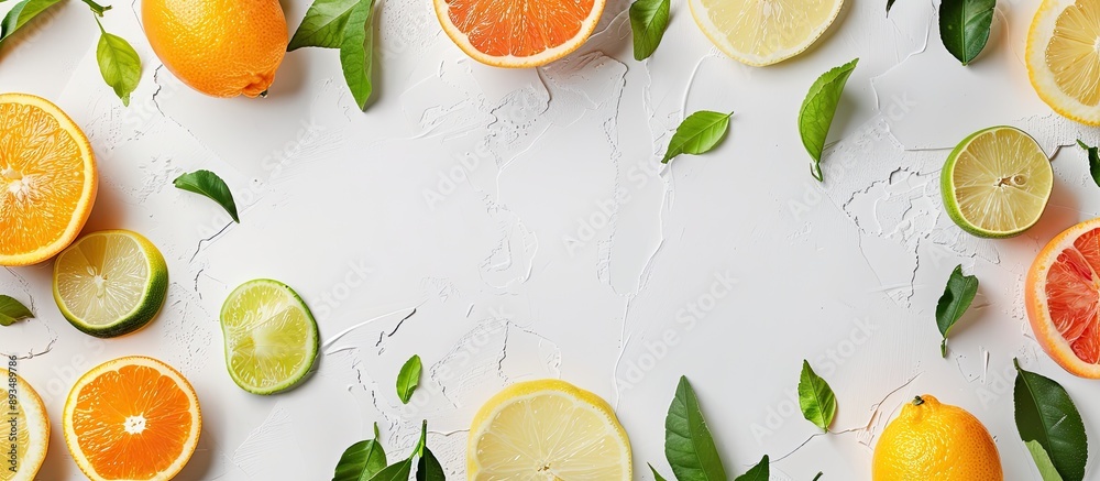 Poster Various sliced citrus fruits and leaves arranged on a white table in a flat lay style with room for text on the image. copy space available