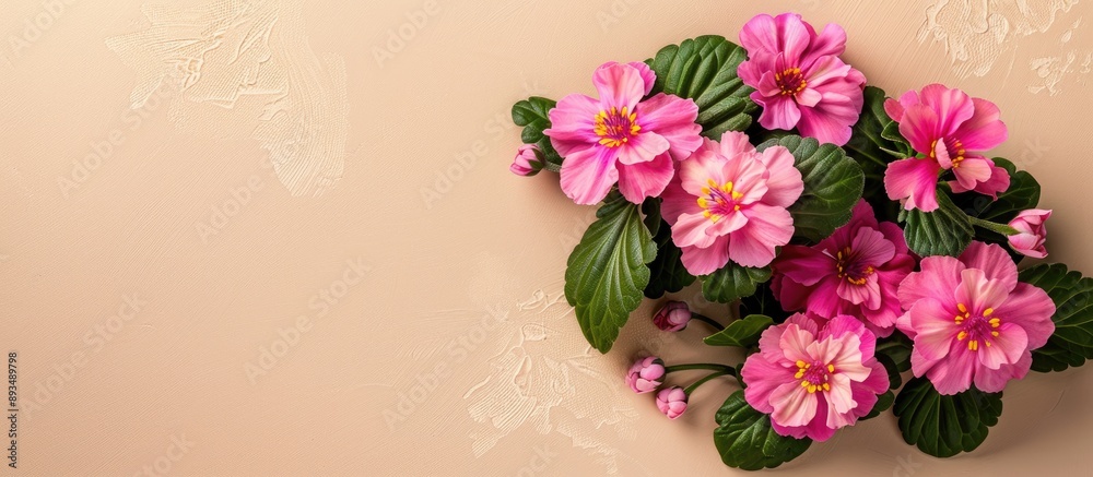 Leinwandbilder Pink primula flowers against a beige backdrop in a flat lay setting with ample copy space image to add different texts reflecting the blooming of spring