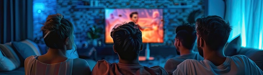 Fototapeta premium Group of friends watching a popular TV show together, representing shared entertainment experiences