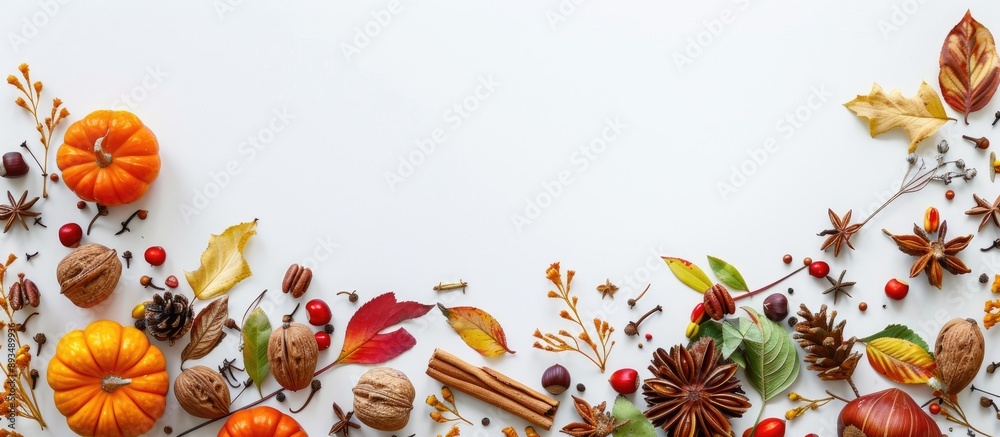 Poster thanksgiving theme with a fall inspired arrangement featuring pumpkins spices pecans and festive dec
