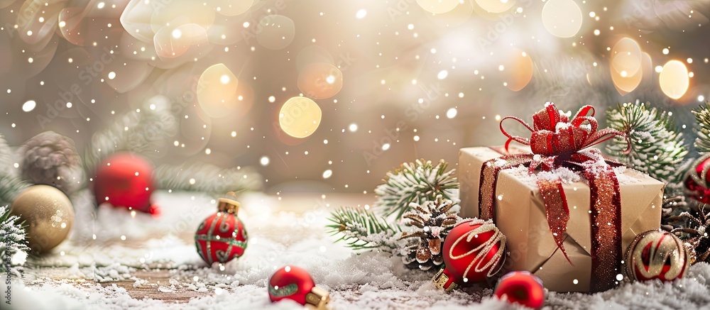 Aufkleber a christmas greeting card featuring decorations a gift box and a snowy backdrop with a blurred bokeh