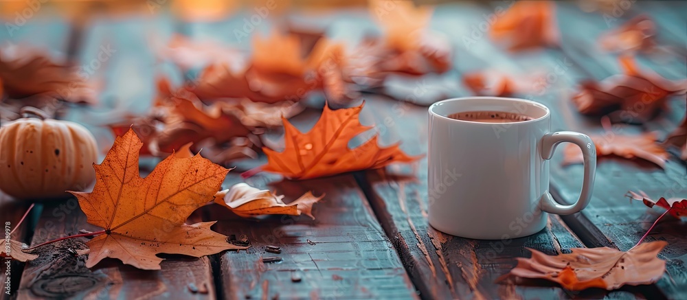 Leinwandbilder autumn maple leaves beside a cup with a cozy background ideal for adding text aka copy space image