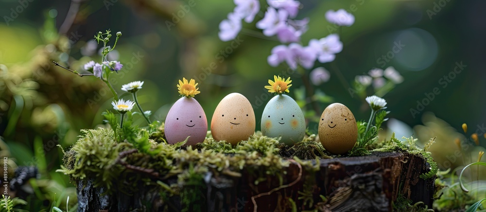 Poster easter eggs with adorable faces displayed on a tree stump amid flowers and moss in a copy space imag