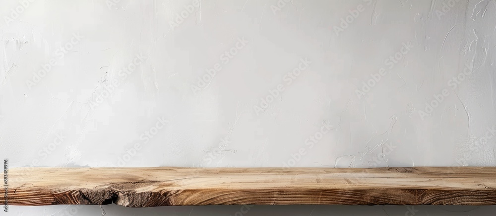 Poster Empty copy space image on a white wall background with wood on the table suitable for product display or montage