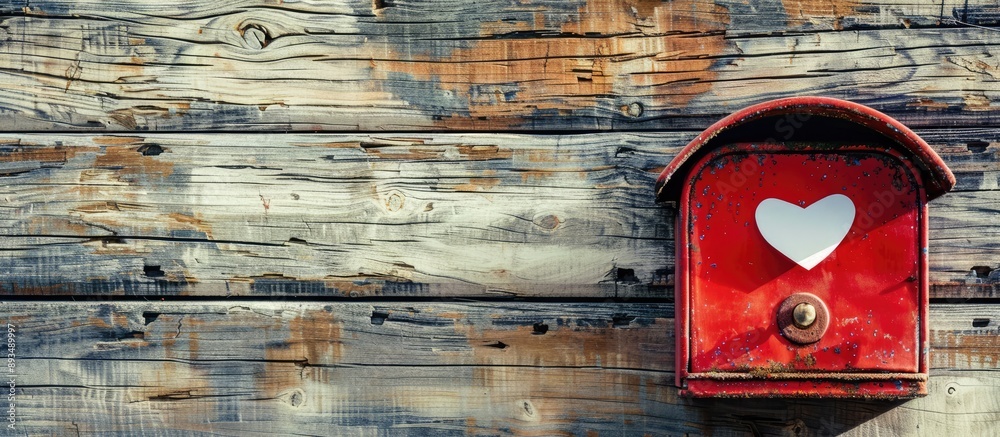 Aufkleber Valentine s Day concept with a red mailbox heart shaped card on a rustic background with ample copy space image