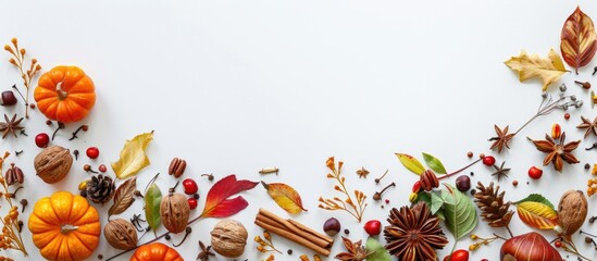 Thanksgiving theme with a fall inspired arrangement featuring pumpkins spices pecans and festive decor on a white background with copy space for an image