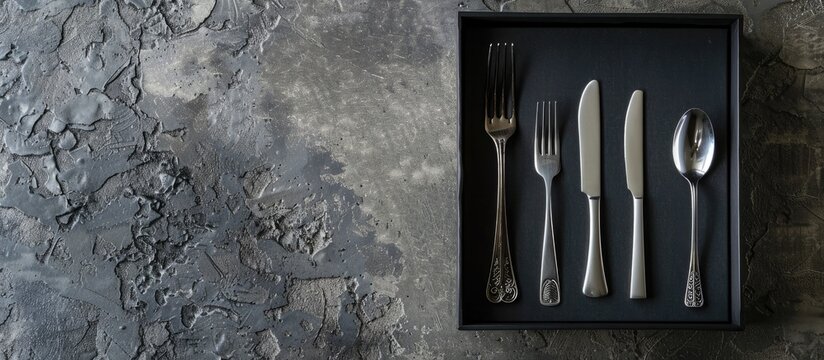 Aerial shot of a silver cutlery set in a black box on a gray concrete surface with copy space image included