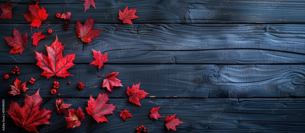 Aufkleber Autumn themed with red maple leaves on a dark wooden backdrop creating a striking image with copy space available